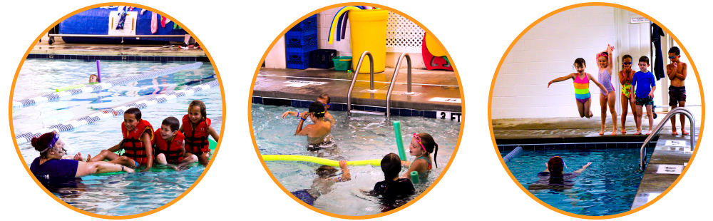 Three images show students playing at swim camp in the water.